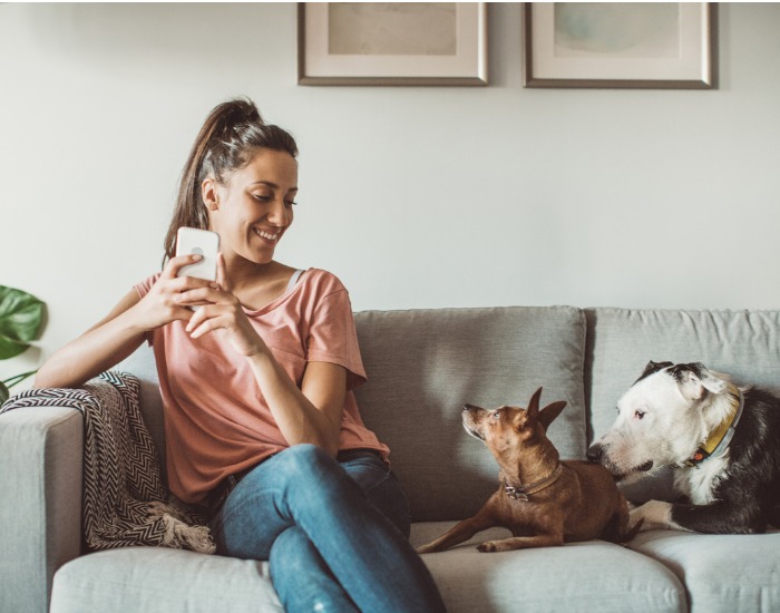 Woman sitting on couch with her phone in her hands while smiling looking at her two dogs on the couch with her
