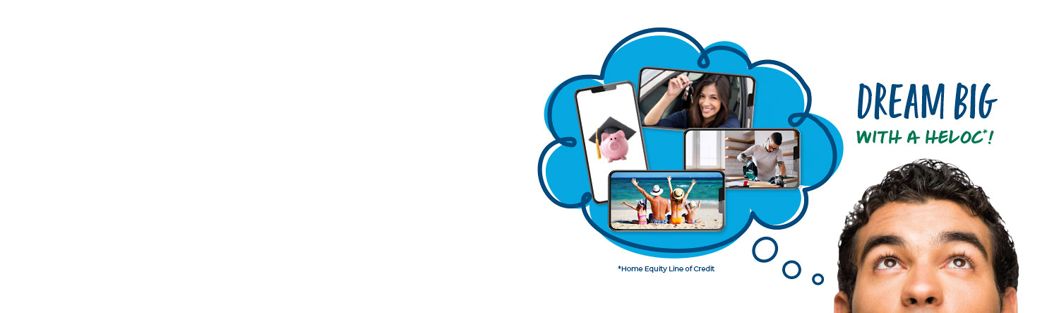 Man’s head in the lower righthand corner with a thought bubble that has images of a new car, home repairs, college savings, and a vacation. Text reads Dream big with a HELOC. HELOC = Home equity line of credit.