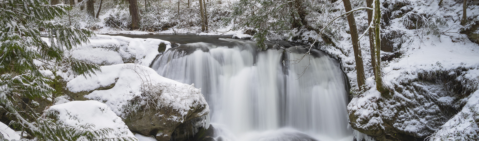 Whatcom Falls in Bellingham, WA in the winter with snow covering the ground.
