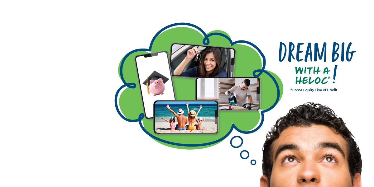 Man’s head in the lower righthand corner with a thought bubble that has images of a new car, home repairs, college savings, and a vacation. Text reads Dream big with a HELOC. HELOC = Home equity line of credit.