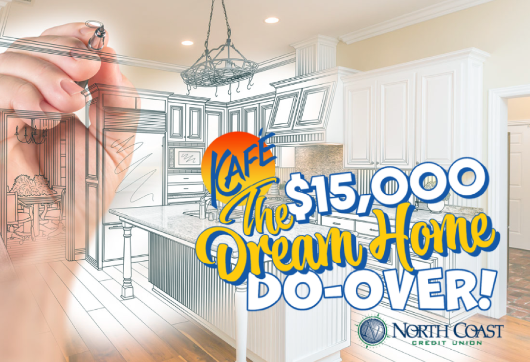 Image of a white kitchen, half is an actual image and the other half is a hand drawing the kitchen. Text reads The $15,000 Dream Home Do-Over! with the KAFE and North Coast logos