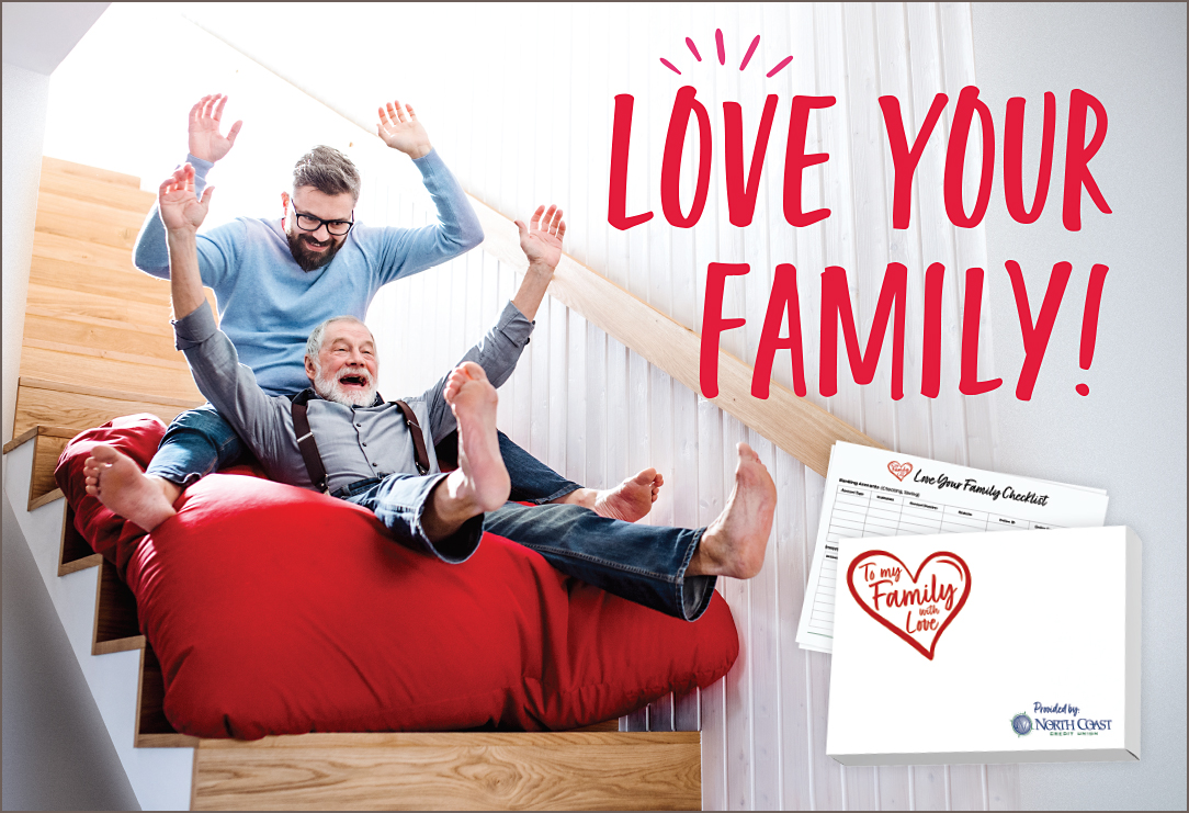 adult son and father sliding down stairs on red cushion with their hands in the air. copy: love your family with image of document box and checklist
